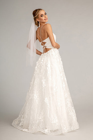 Floral Embroidered Lace-Up Mesh w/ Sweetheart Neckline Long Wedding Dress GLGL1985-1