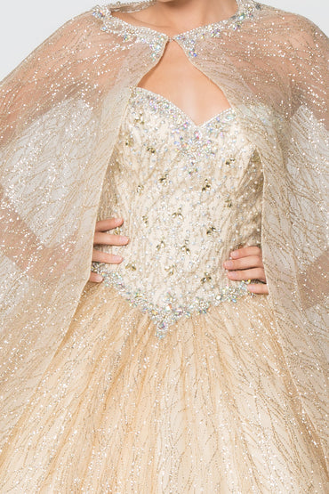 Jewel Embellished Bodice Glitter Mesh w/ Glitter Mesh Cape Long Ball Dress GLGL2801-1