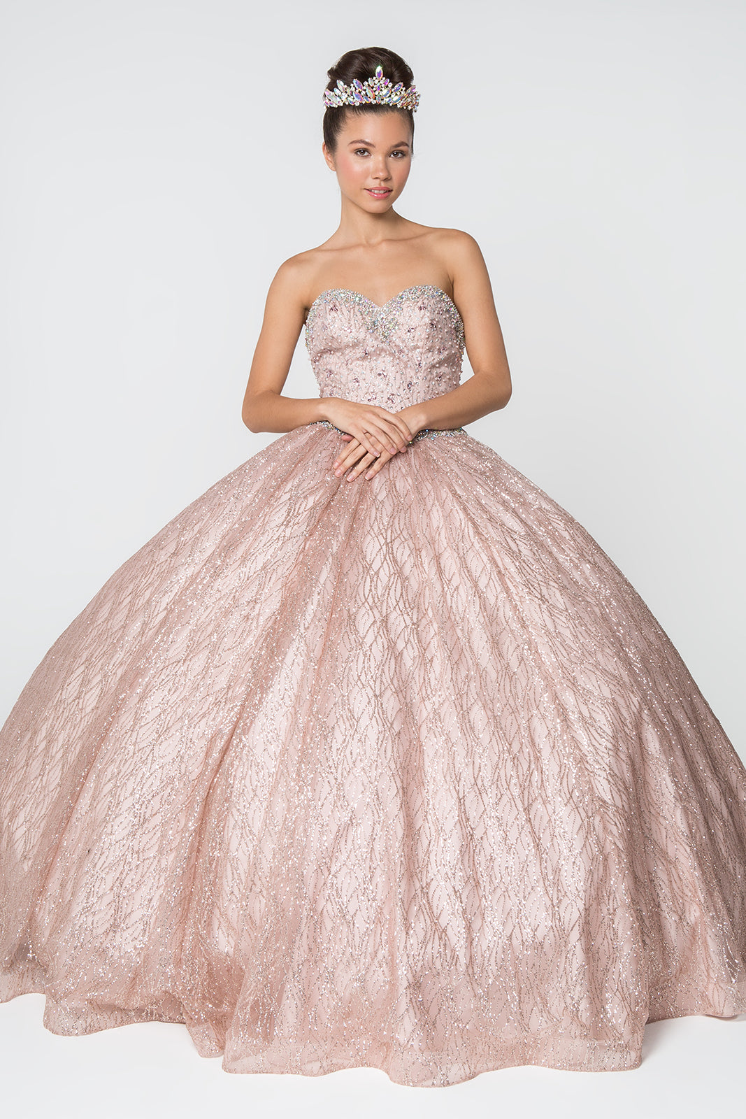 Jewel Embellished Bodice Glitter Mesh w/ Glitter Mesh Cape Long Ball Dress GLGL2801-4