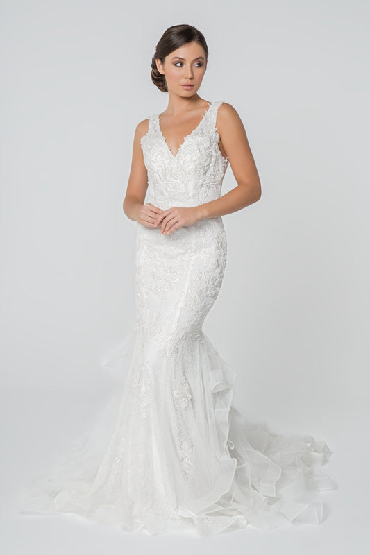 Embroidered V-Neck Sleeveless Mermaid Long Wedding Dress GLGL2814-0