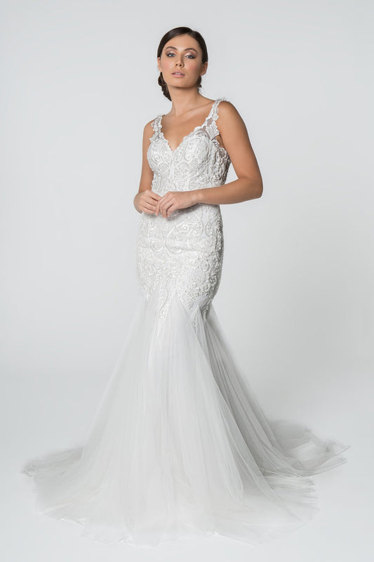 Embroidered Bodice V-Neck Mermaid w/ Mesh Tail Long Wedding Dress GLGL2815-0