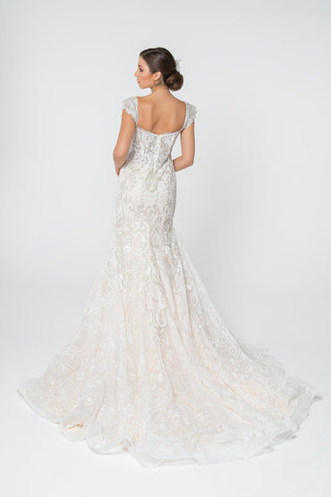 Jewel and Embroidery Embellished Mesh Long Wedding Dress GLGL2822-1