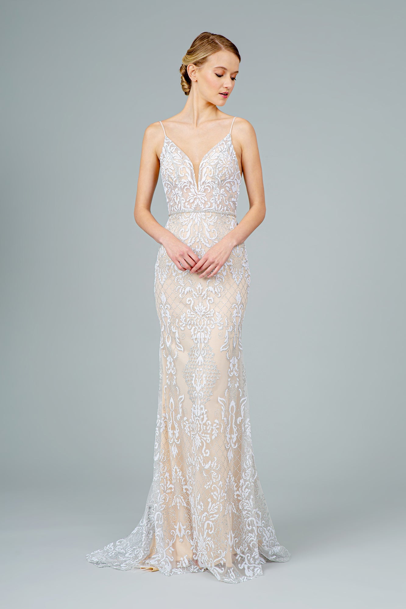 Jeweled Waist Band Accented Glitter Mesh Long Prom Dress GLGL2990-4