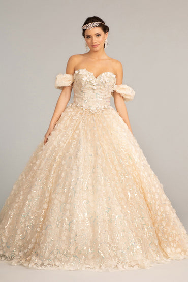 Jewel Embellished Quinceanera Mesh Gown w/ 3D Applique and Corset Bodice GLGL3019-1