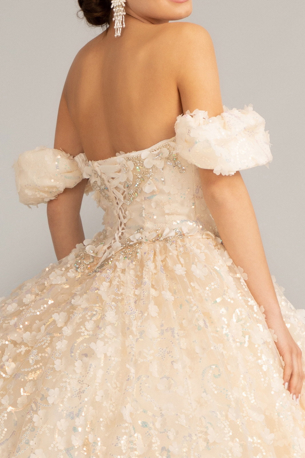 Jewel Embellished Quinceanera Mesh Gown w/ 3D Applique and Corset Bodice GLGL3019-4