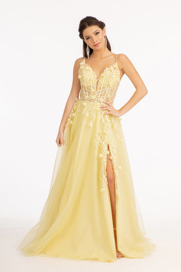 3D Flower Applique Glitter Mesh A-line w/ Embroidery and Sequin Dress GLGL3034-1