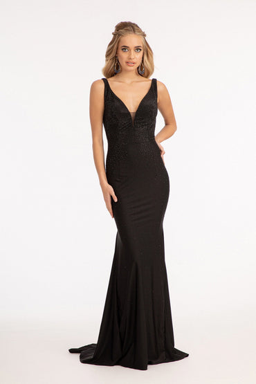 Beads Embellished Jersey Mermaid w/ Open Back and Sheer Sides Long Prom Dress GLGL3037-1