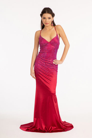Rhinestones Embellished Long Mermaid Formal Gown w/ Lace Up Back & Thin Straps GLGL3045-1