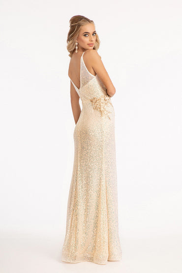 Sequin Embellished Illusion V-neck Mermaid Gown w/ Open V-back & Thin Straps GLGL3053-1
