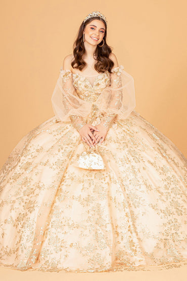 Mesh Long Sleeves w/ Detachable Ribbon and Mini Bag Quinceanera Dress GLGL3071-1