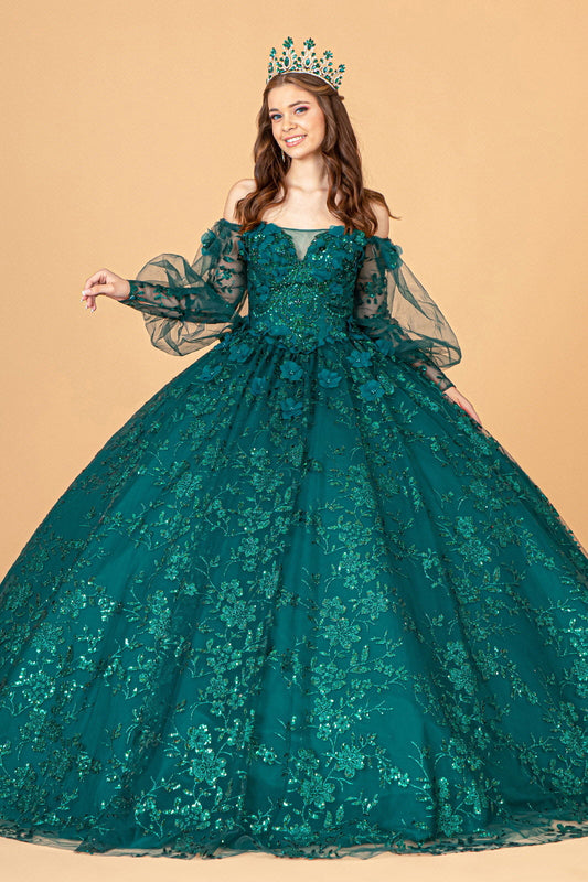 Mesh Long Sleeves w/ Detachable Ribbon and Mini Bag Quinceanera Dress GLGL3071-0