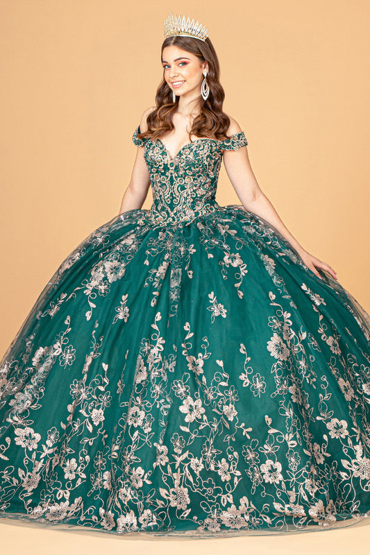 Embroidered Off Shoulder Mesh w/ Separate Long Sleeves Quinceanera Dress GLGL3074-0