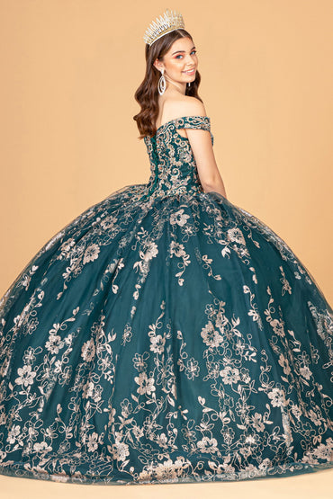 Embroidered Off Shoulder Mesh w/ Separate Long Sleeves Quinceanera Dress GLGL3074-1