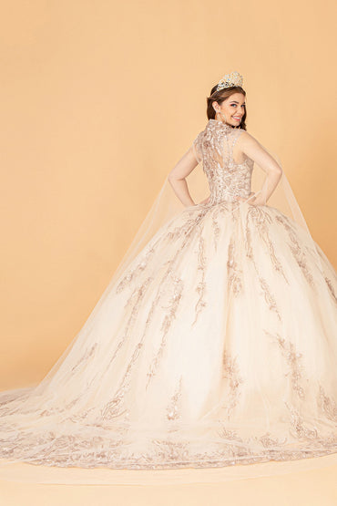 Sequins Embellished Long Quinceanera Gown w/ Detachable Cape GLGL3076-1