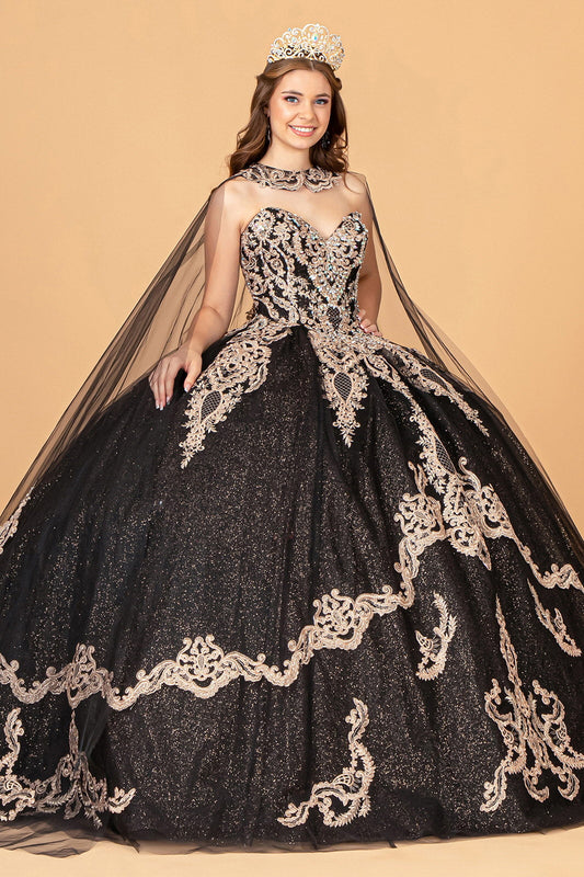Glitter Jewel Embellished w/ Long Mesh Cape Quinceanera Dress GLGL3078-0