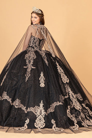 Glitter Jewel Embellished w/ Long Mesh Cape Quinceanera Dress GLGL3078-1