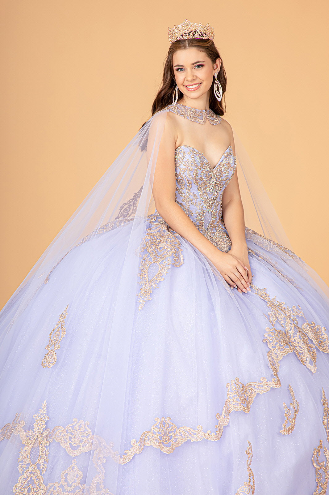 Glitter Jewel Embellished w/ Long Mesh Cape Quinceanera Dress GLGL3078-5