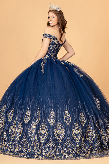Glitter Mesh w/ Sequin and Beads Long Quinceanera Dress GLGL3079-1