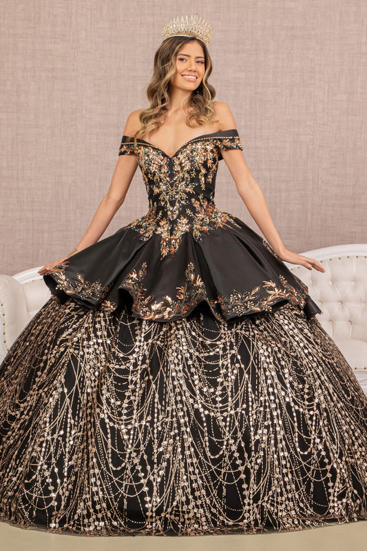 Off Shoulder Satin Quinceanera Embellished with Gold Embroidery Ball Dress GLGL3098-0
