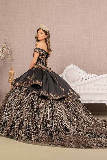 Off Shoulder Satin Quinceanera Embellished with Gold Embroidery Ball Dress GLGL3098-1