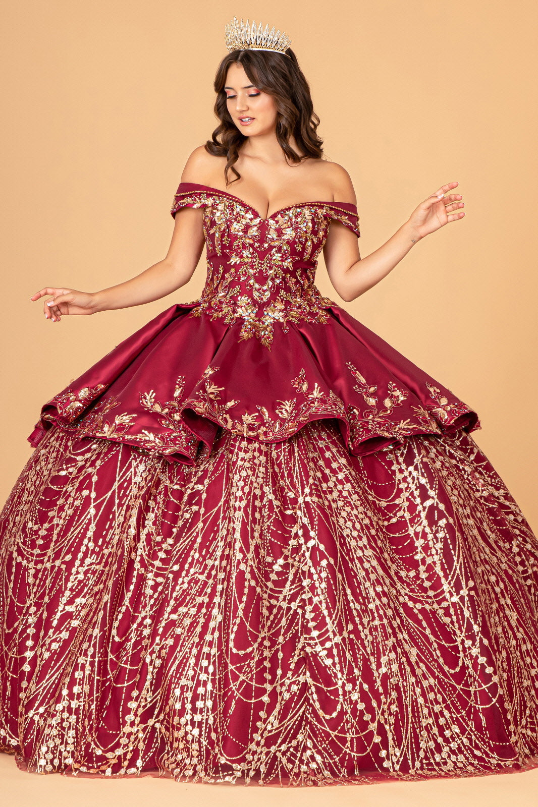 Off Shoulder Satin Quinceanera Embellished with Gold Embroidery Ball Dress GLGL3098-5