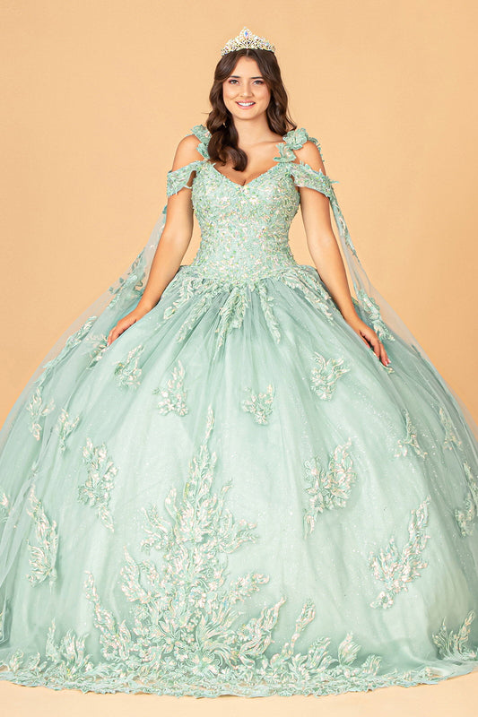 3D Flower Applique Mesh Quinceanera with Side Mesh Drapes Ball Dress GLGL3099-0
