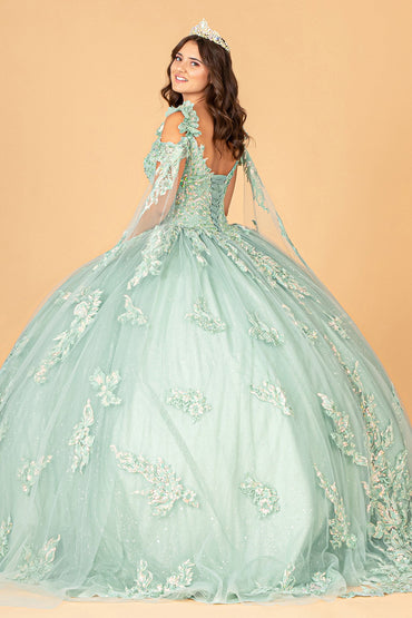3D Flower Applique Mesh Quinceanera with Side Mesh Drapes Ball Dress GLGL3099-1