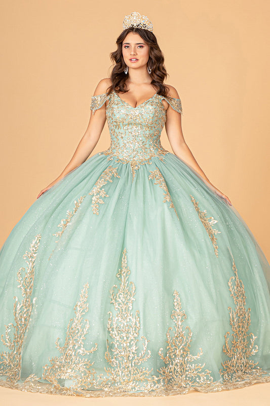 Gold Embroidered Mesh w/ Corset Back Quinceanera Ball Dress GLGL3100-0