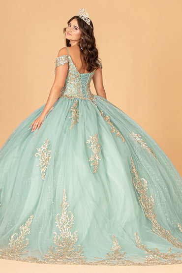 Gold Embroidered Mesh w/ Corset Back Quinceanera Ball Dress GLGL3100-1