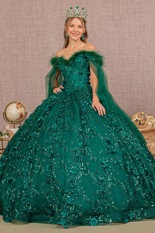 Mesh w/ Side Drape and Detachable Feather Embellishment Quinceanera Dress GLGL3101-0