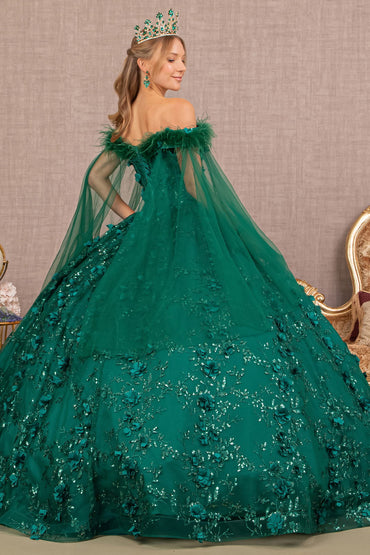 Mesh w/ Side Drape and Detachable Feather Embellishment Quinceanera Dress GLGL3101-1