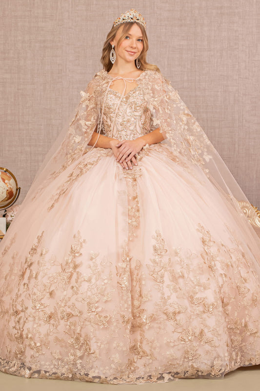 Jewel Mesh w/ 3D Butterfly Appliques and Long Mesh Cape Quinceanera Dress GLGL3104-0