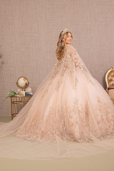 Jewel Mesh w/ 3D Butterfly Appliques and Long Mesh Cape Quinceanera Dress GLGL3104-1