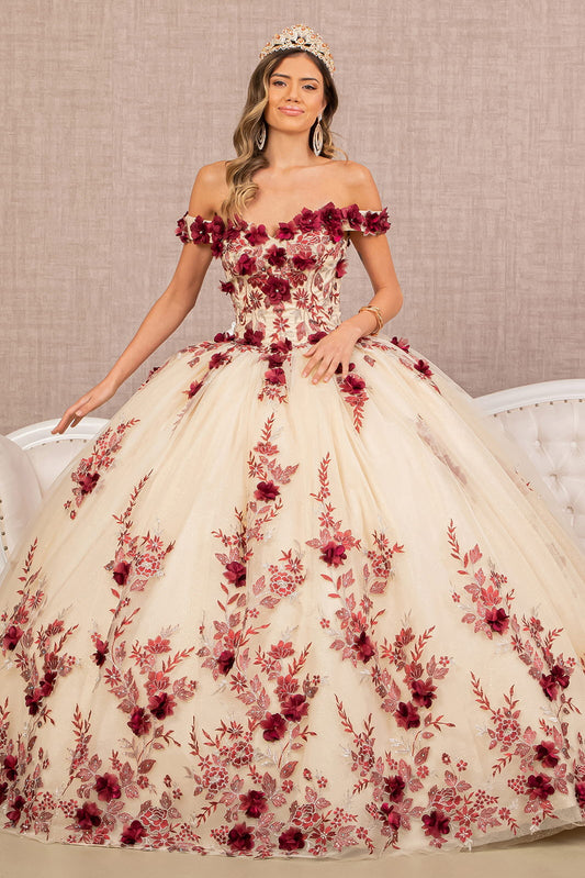 3D Flower Embroidery Off Shoulder Mesh Quinceanera Dress GLGL3105-0
