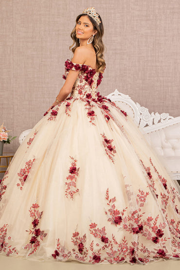 3D Flower Embroidery Off Shoulder Mesh Quinceanera Dress GLGL3105-1