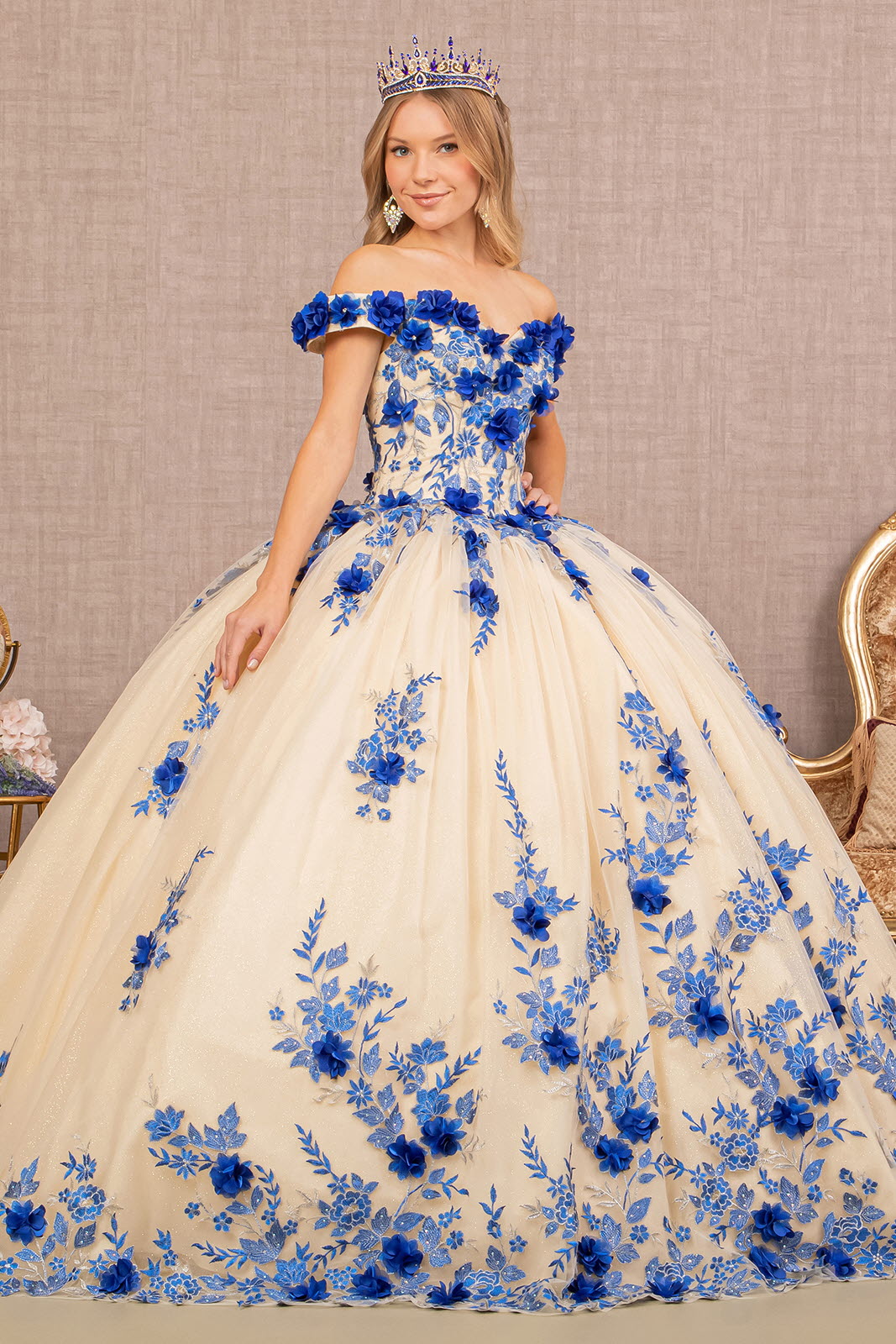 3D Flower Embroidery Off Shoulder Mesh Quinceanera Dress GLGL3105-5