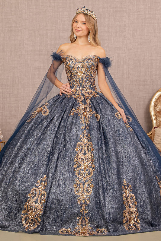 Feather Sequin w/ Detachable Side Mesh Layer Quinceanera Dress GLGL3107-0