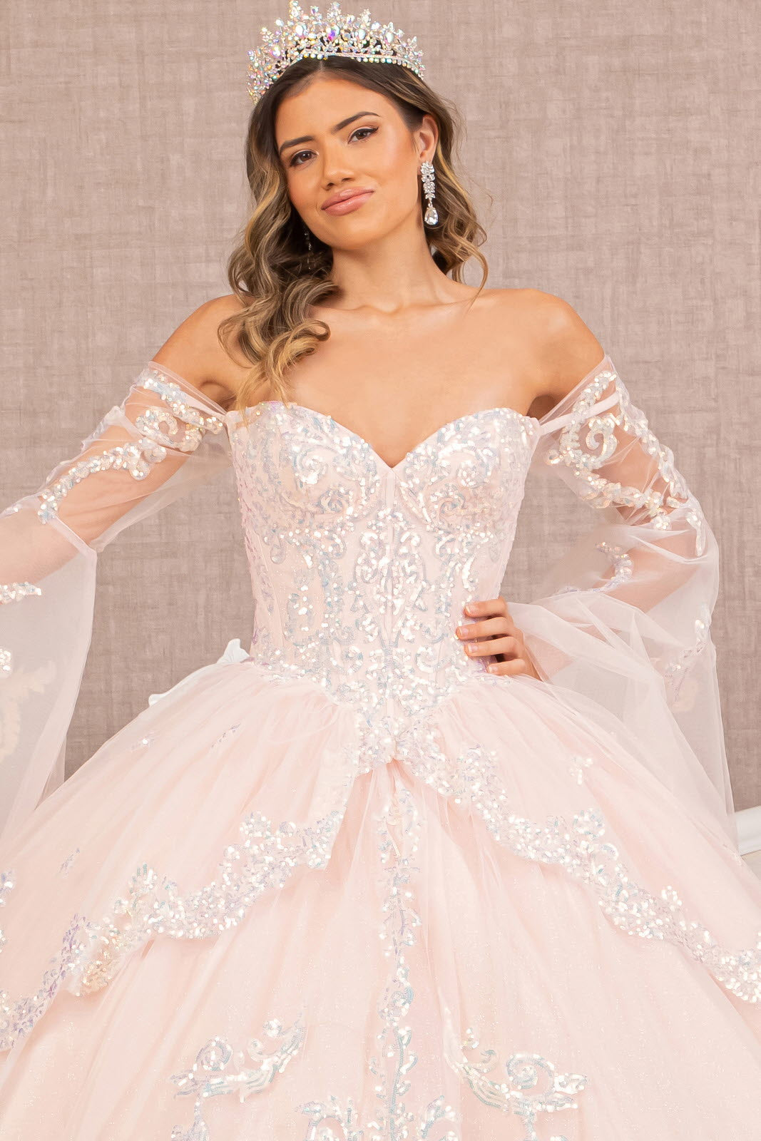 Glitter Layered Hem w/ Long Mesh Sleeves Quinceanera Dress GLGL3109-4