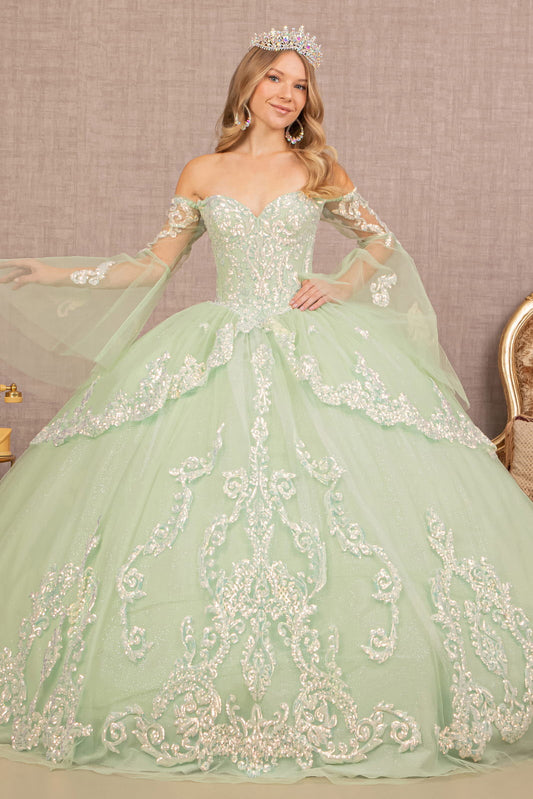Glitter Layered Hem w/ Long Mesh Sleeves Quinceanera Dress GLGL3109-0