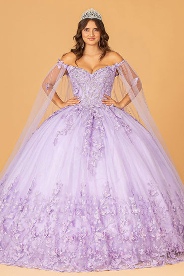 3D Butterfly Applique Glitter w/ Long Mesh Layer Quinceanera Dress GLGL3110-1