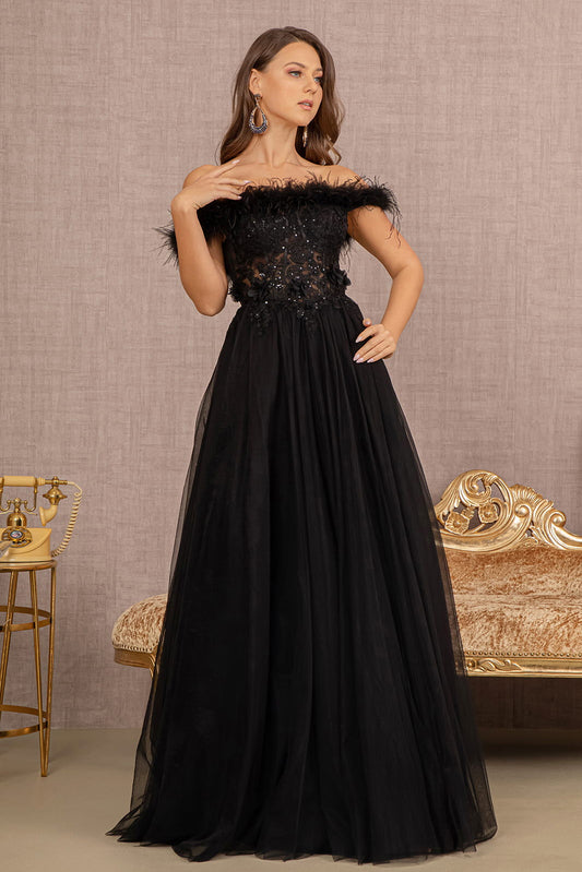 Embroidery Sheer Front Mesh A-line w/ Feather Embellishment Long Prom Dress GLGL3138-0