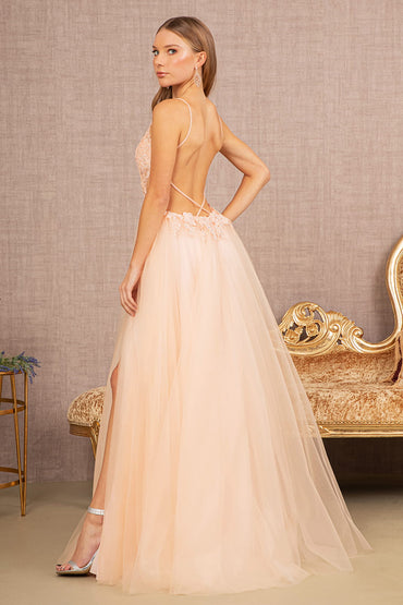 Flower Applique Sheer Front Cut-out Side Mesh A-line Long Prom Dress GLGL3152-1