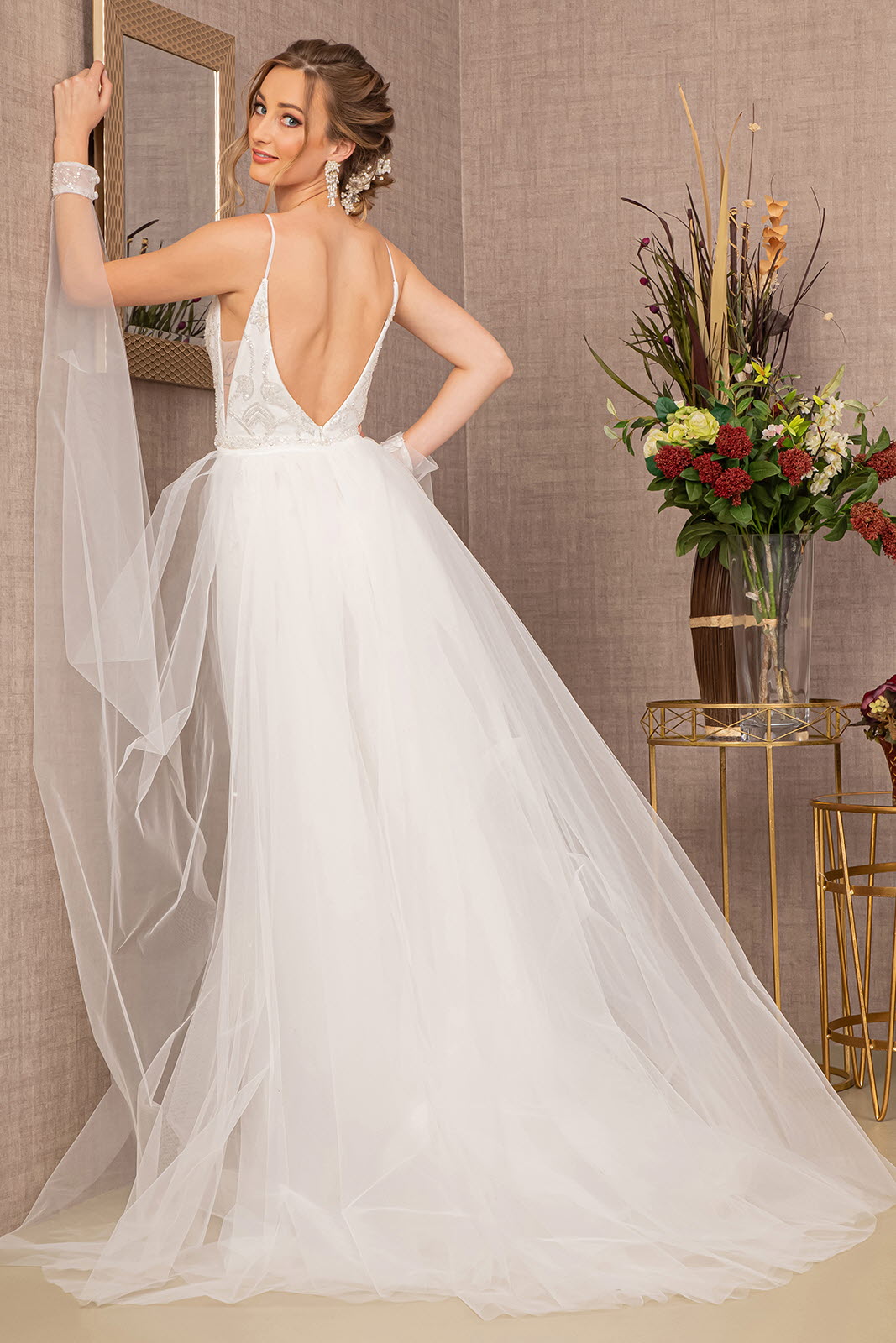 Jewel Bead w/ Detachable Waist Long Mesh Layer Long Wedding Dress GLGL3157