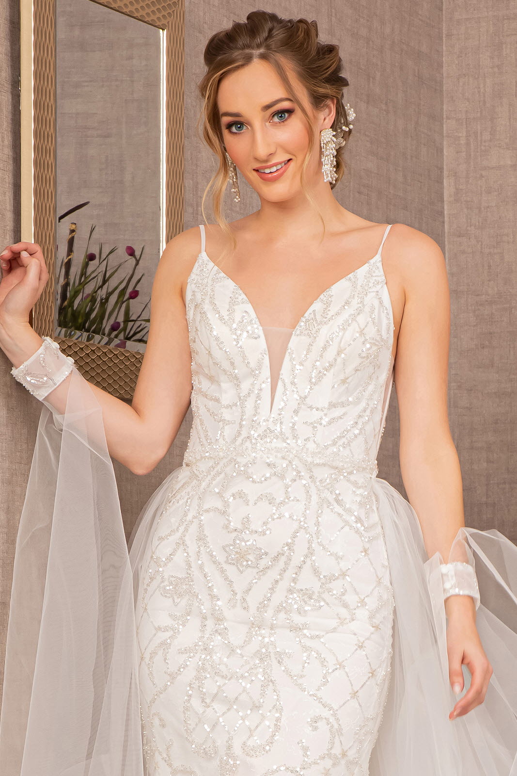 Jewel Bead w/ Detachable Waist Long Mesh Layer Long Wedding Dress GLGL3157