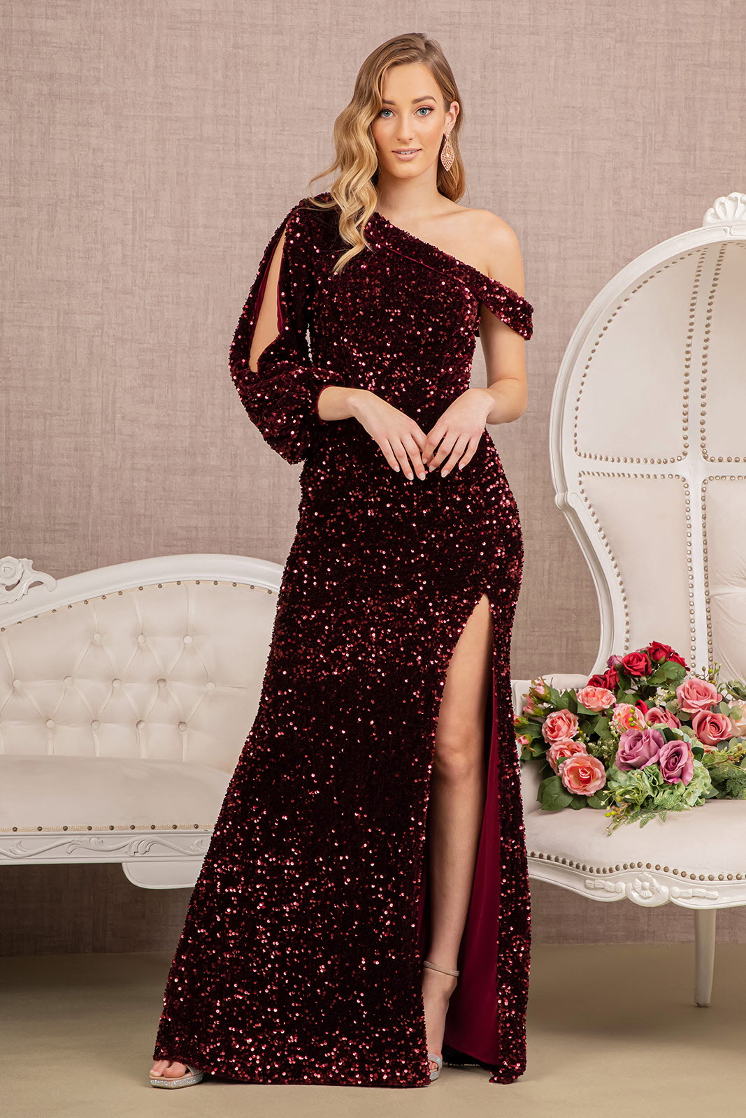 Sequin Asymmetric Velvet Festive Mermaid Gown w/ One Long Puff Sleeve GLGL3159-8