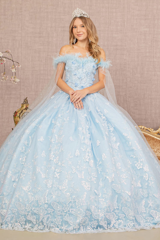 Feather 3D Flower w/ Detachable Side Mesh Layer Long Quinceanera Dress GLGL3166-0
