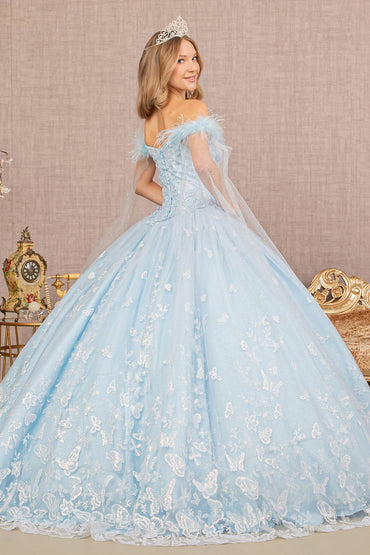 Feather 3D Flower w/ Detachable Side Mesh Layer Long Quinceanera Dress GLGL3166-1