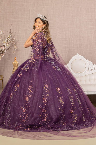 3D Butterfly Sheer Bodice w/ Long Mesh Cape Quinceanera Dress GLGL3171-1