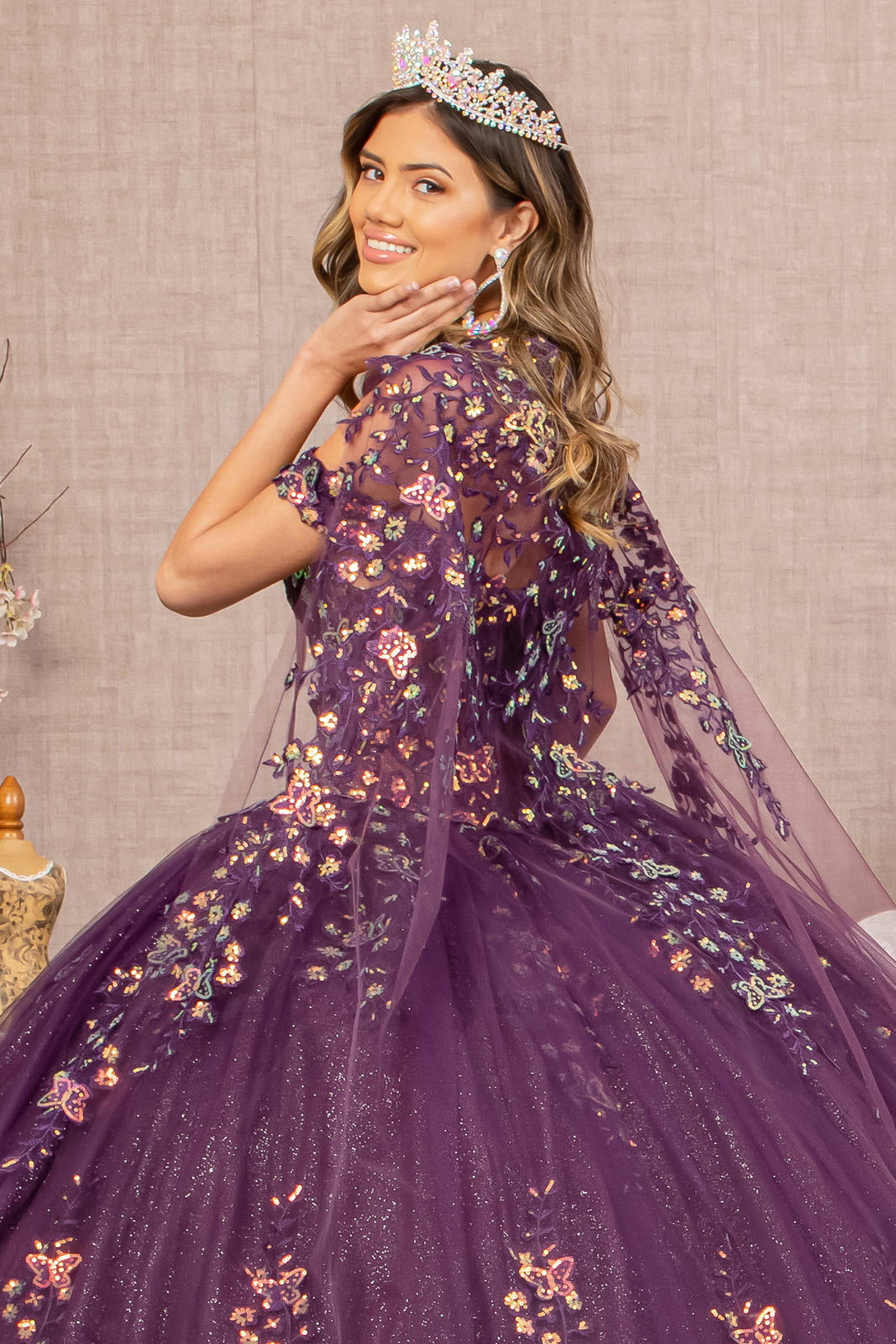 3D Butterfly Sheer Bodice w/ Long Mesh Cape Quinceanera Dress GLGL3171-4