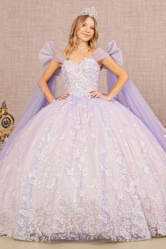 Jewel Glitter w/ Long Mesh Layer and Ribbons Long Quinceanera Dress GLGL3175-0